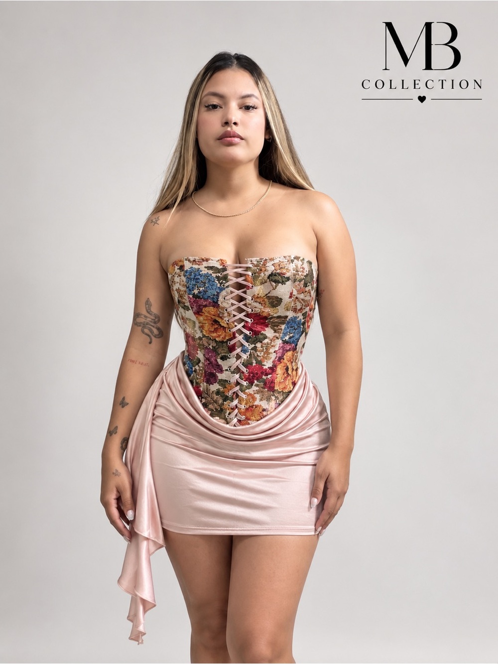 Pink Floral Lace-Up Strapless by Mini Dress